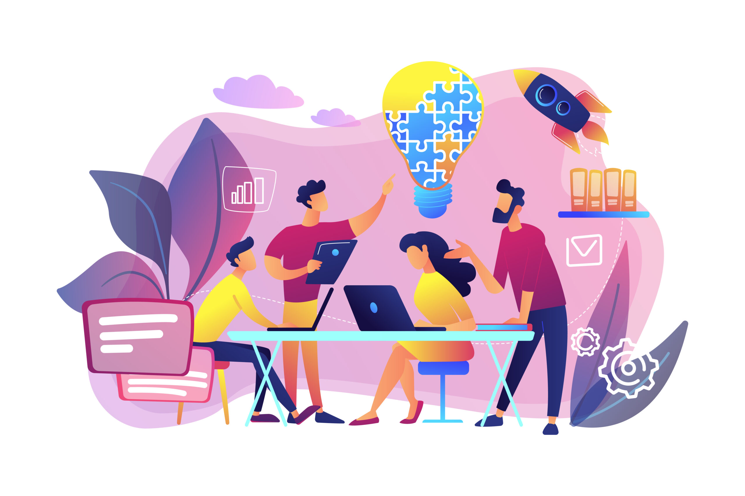 Business team brainstorm idea and lightbulb from jigsaw. Working team collaboration, enterprise cooperation, colleagues mutual assistance concept. Bright vibrant violet vector isolated illustration